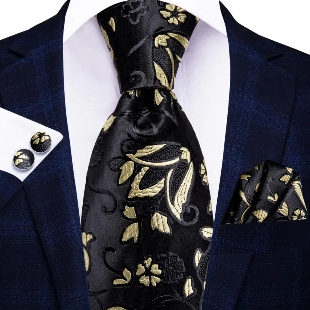 Hi-Tie Black Floral Silk Wedding Tie For Men Handky Cufflink Elegant Necktie For Men Fashion Designer Business Party Dropshiping