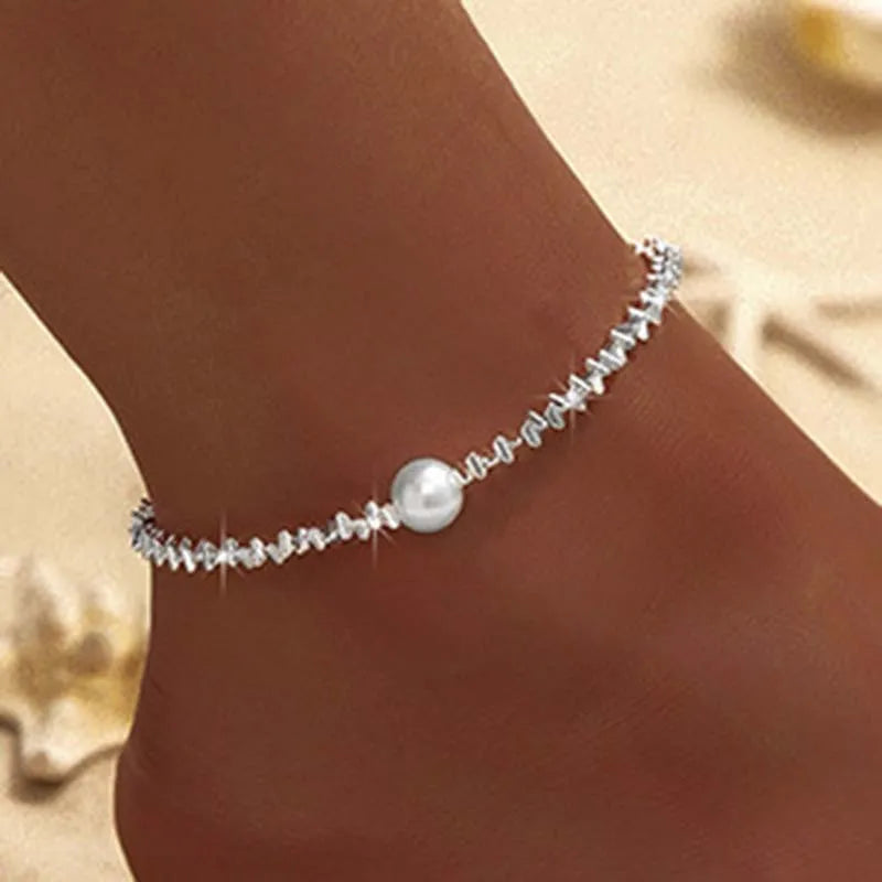 Sparkling Thin Chain Anklet For Women Zircon Heart Cross Pendant Double Layer Bracelet On Leg Foot Trendy Summer Beach Jewellery