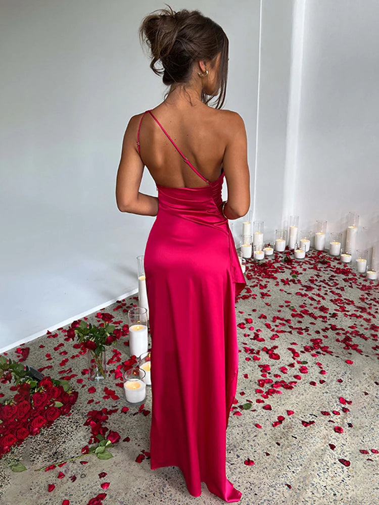 One Shoulder Satin Long Dress for Women Sleeveless Backless High Split Party Evening Dresses Elegant Cocktail Dress