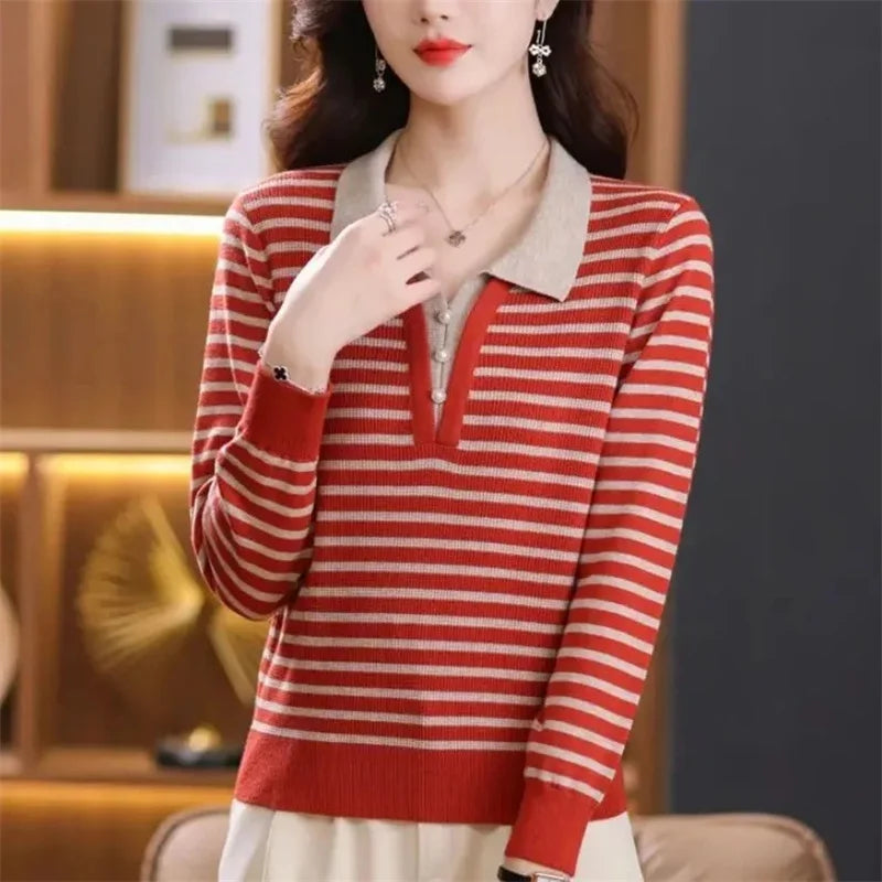 Sweater Women Pullover All-Match Turn-Down Collar Color Blocking Fake Two Pieces Sweater Knitted Female