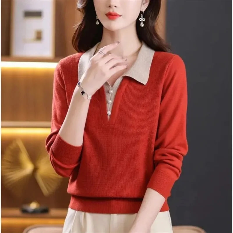 Sweater Women Pullover All-Match Turn-Down Collar Color Blocking Fake Two Pieces Sweater Knitted Female