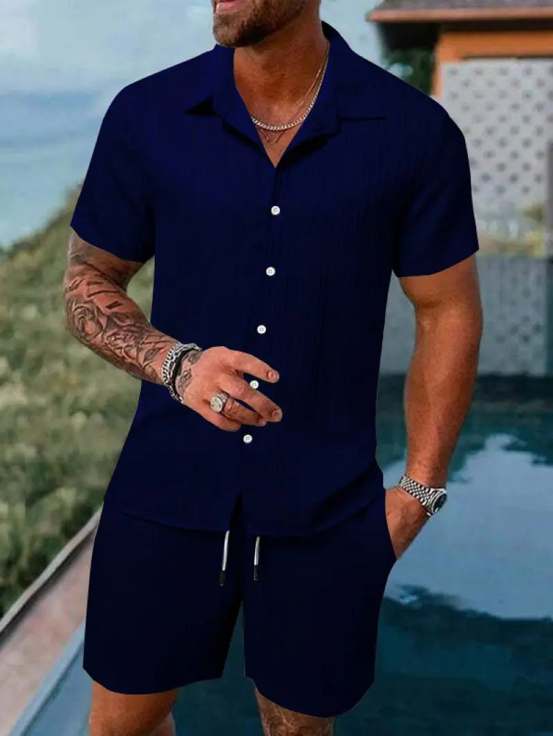 Men's Beach Suit, Striped and Solid Color Short Sleeve Shirt with Shorts, Sports Casual, Breathable, Lightweight, High-Quality Men's Wear.