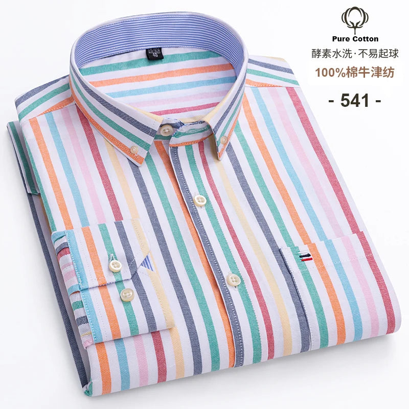 100% Cotton Oxford Men's Shirts Long Sleeves Plaid Soft Regular Fit Formal Dress