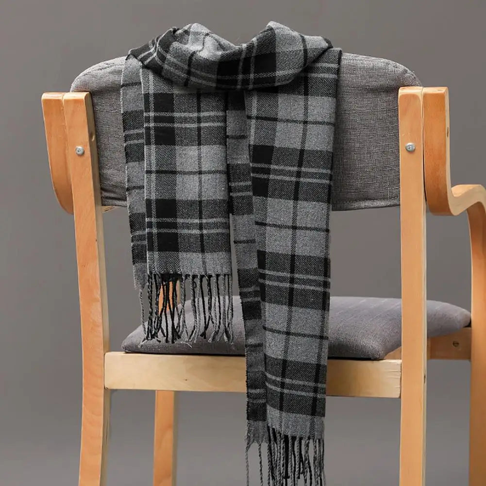 Men Scarf Plaid Fringed Tassels Cashmere Winter Scarf