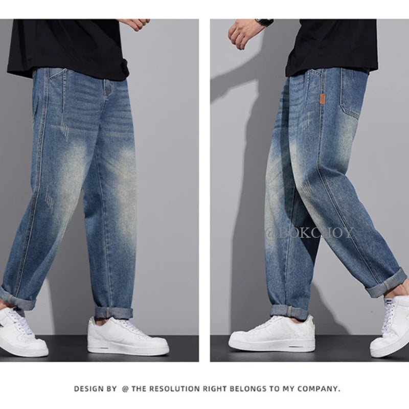 New Casual Drawstring Loose Micro-taper Men's Jeans Solid Color Streetwear Men Trousers