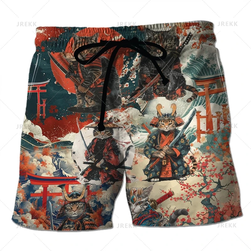 3D Japanese Samurai Warrior Printing Beach Shorts For Men Fashion Cool Streetwear Swimming Trunks Mens Clothing