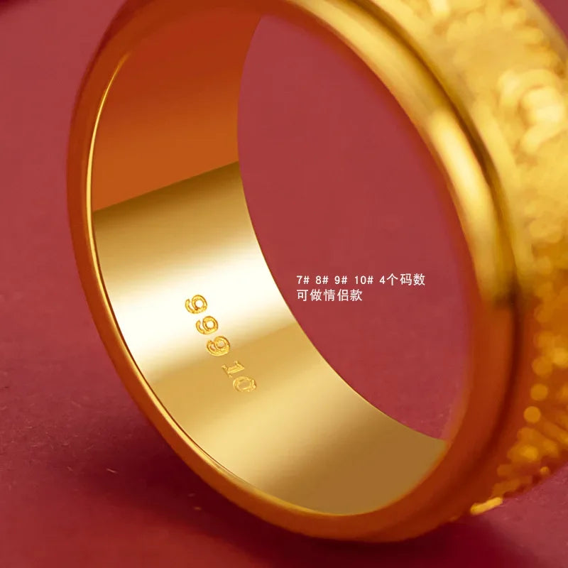 Real gold 24K yellow gold Six-character mantra rotating ring