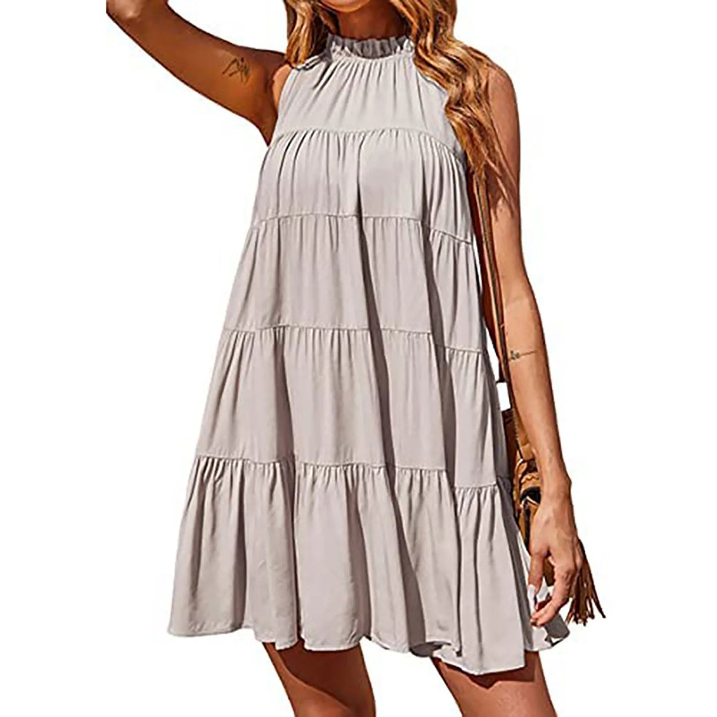 new women's dress sleeveless round neck ruffled pleated loose dress