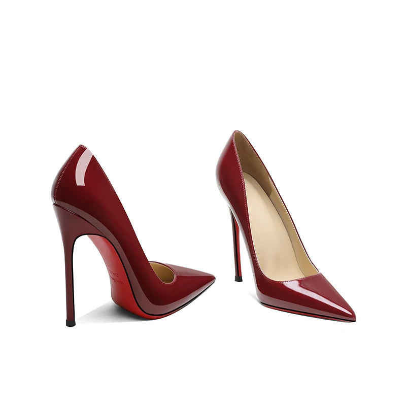 Lacquer leather wine red high heels, women's thin heels, sexy shallow mouth, large size, spring and autumn new pointed toe