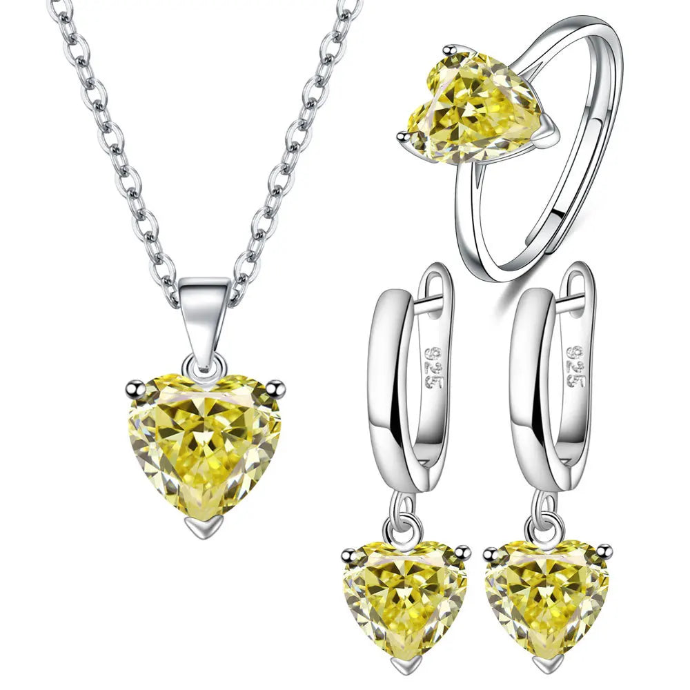 925 Sterling Silver Jewellery Sets For Women Heart Zircon Ring Earrings Necklace Elegant