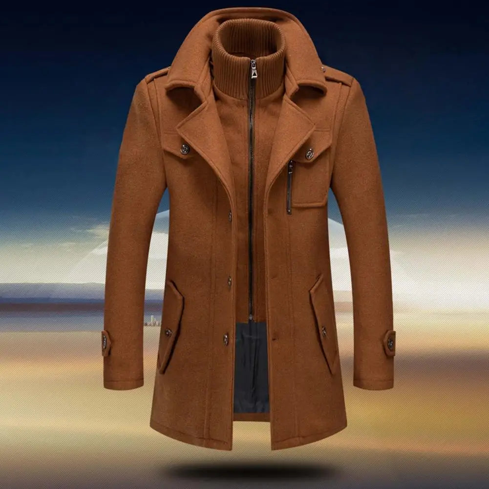 Stylish Coat Temperament Zipper Buttons Coat Solid Color Autumn Winter Men Jacket for Business