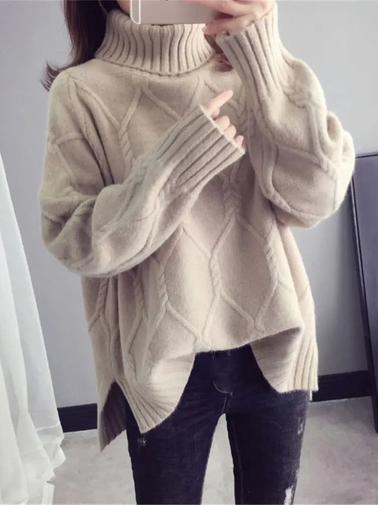 Sweater Female Korean Version Loose Fashion Style Wild Mid-Length High Neck Knitted Bottoming Shirt