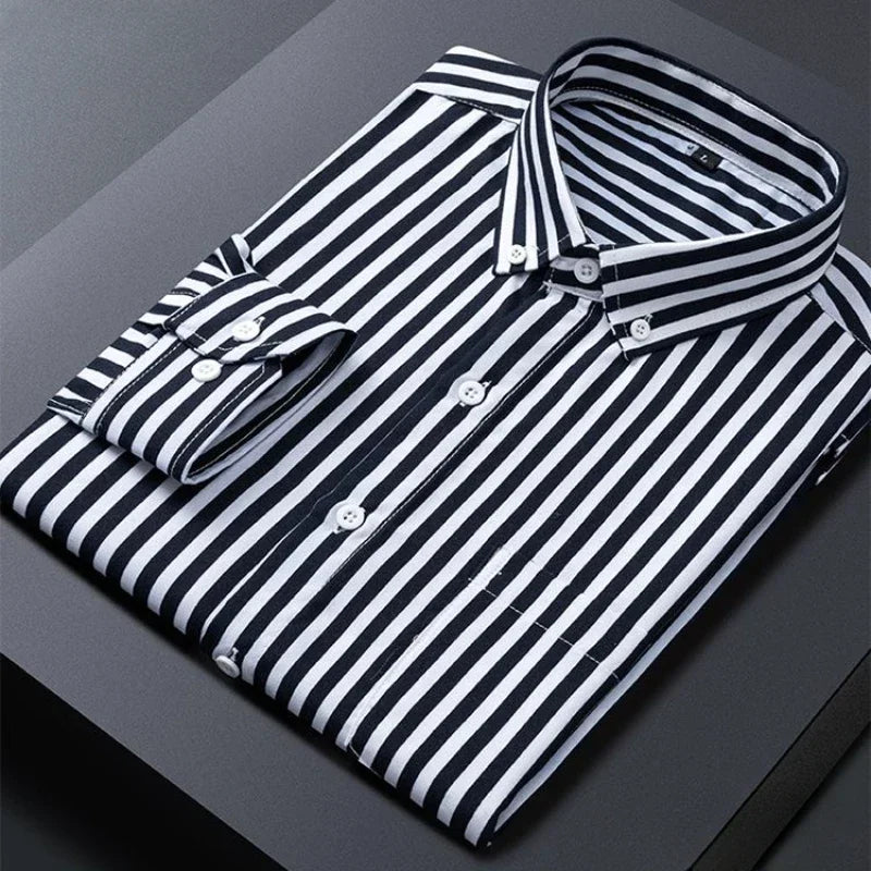 Men's Striped Shirts Formale Casual Printed Plaid Shirt Long Sleeve Slim Fit Botton Down Male Office Business Dress Shirt