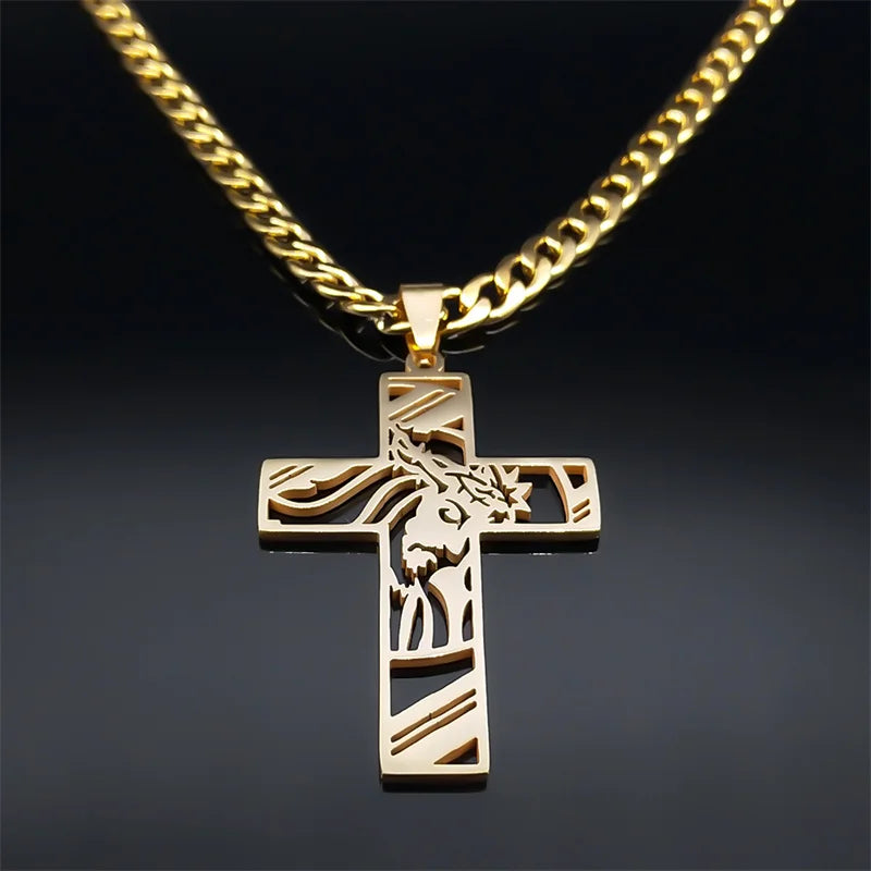 Hip Hop Punk Crown of Thorns Jesus Cross Necklace for Men Stainless Steel Gold Plated Crucifix Pendant Necklaces Jewellery