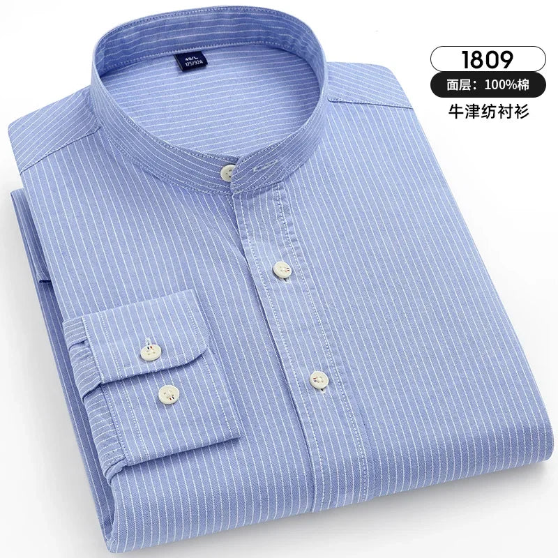 Stand-up Striped Shirt Cotton Long Sleeve Shirt Men Oxford Solid Color Korean Clothes Mens Fashion Male Social Formal Shirts