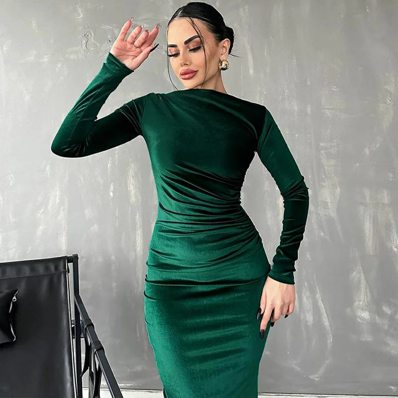 Velvet Long Sleeve Midi Dress For Women Ruched Long Dress Elegant Party Clothes Evening Green Outfits