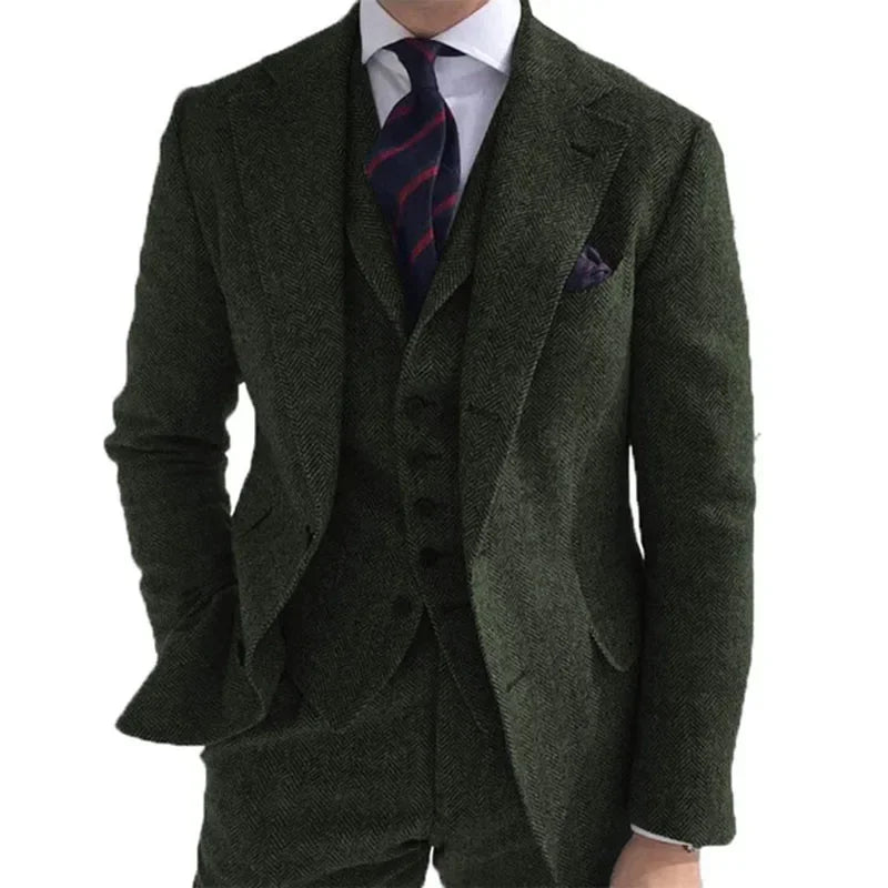 Tweed Winter Men Tuxedo Fashion 3 Piece (Jacket +Vest +Pants+Tie)