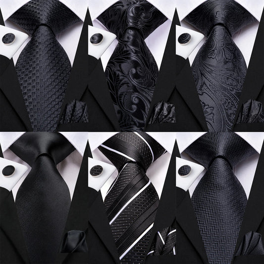 Hi-Tie Black Floral Silk Wedding Tie For Men Handky Cufflink Elegant Necktie For Men Fashion Designer Business Party Dropshiping