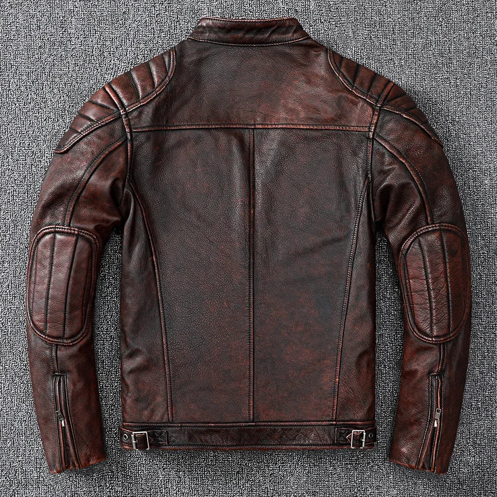 New Vintage Style Mens Cowhide Clothes Biker Genuine Leather Jacket Fashion Brown Leather slim coat men