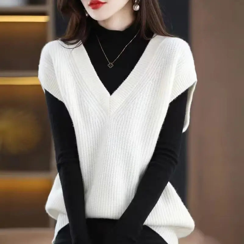 Autumn and Winter Knitted Vest Women V-neck Solid Bat Shirt Loose Versatile Sleeveless Knitted Sweater Pullover Female Top