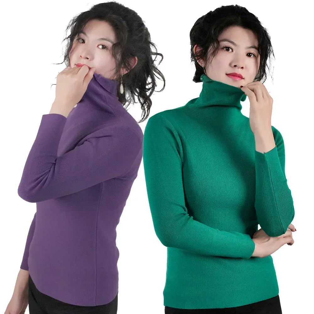 Women Long Sleeve Sweater High Collar Thermal Tops Turtleneck Woman Winter Thin Slim Jumpers Choker Sweaters