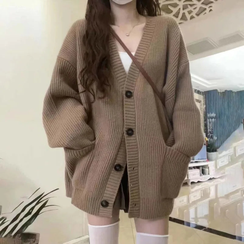 Women Cardigan Sweater Coats Fashion Female Long Sleeve V-neck Loose Knitted Jackets Casual Sweater Cardigans