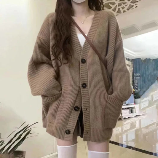 Women Cardigan Sweater Coats Fashion Female Long Sleeve V-neck Loose Knitted Jackets Casual Sweater Cardigans