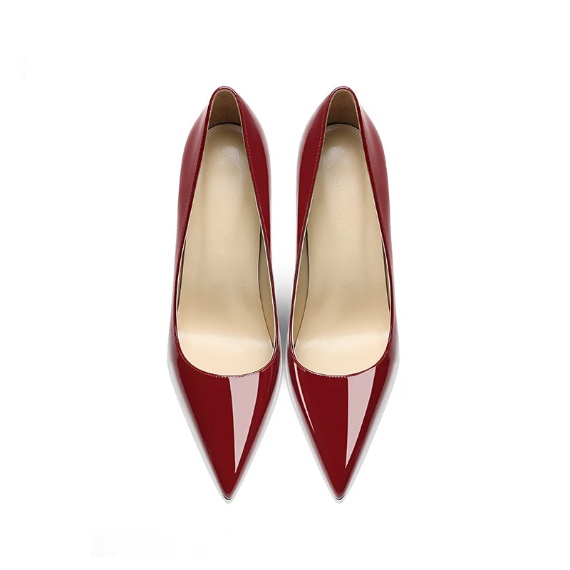 Lacquer leather wine red high heels, women's thin heels, sexy shallow mouth, large size, spring and autumn new pointed toe