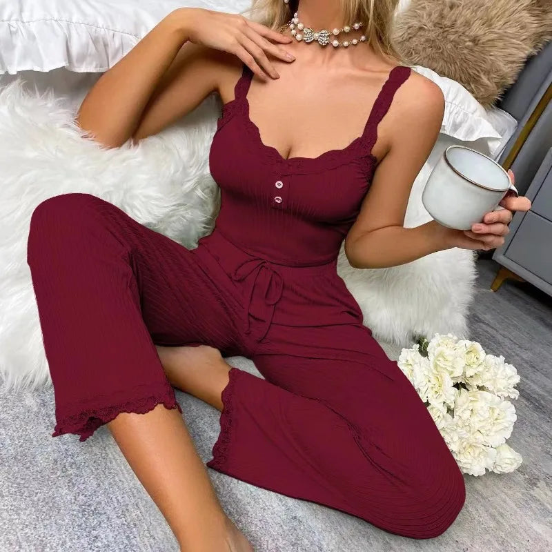 Women's Sexy Pajamas Set Summer Ribbed Sleeveless Top Long Pants Sleepwear 2 Piece Set For Women Home Casual Suspender Suit