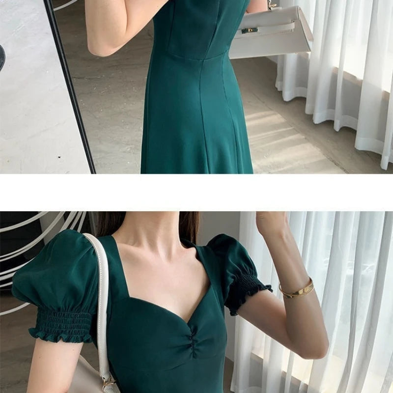 Solid Puff Short-Sleeved Elegant Dress Women Clothing Slim Evening Party Dresses