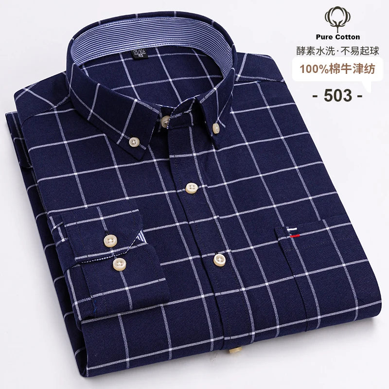 100% Cotton Oxford Men's Shirts Long Sleeves Plaid Soft Regular Fit Formal Dress