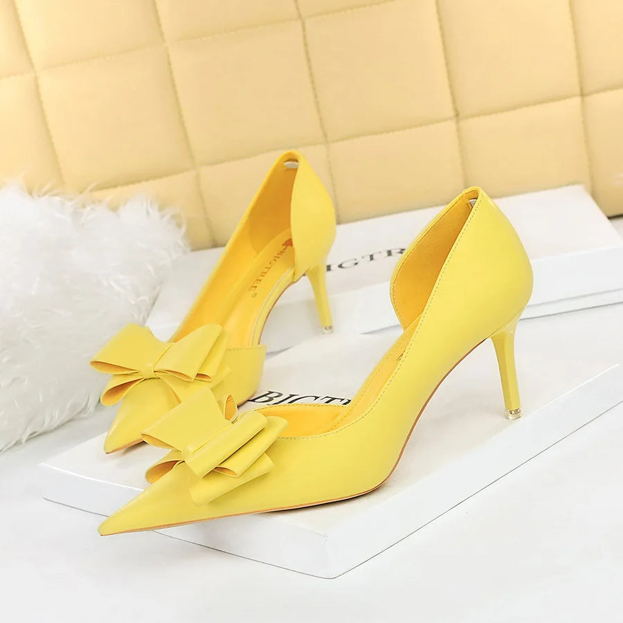 Fashion Women's Shoes Wedding Bow High Heels Stiletto Heels Shallow Pointed Head Side Empty Thin Shoes