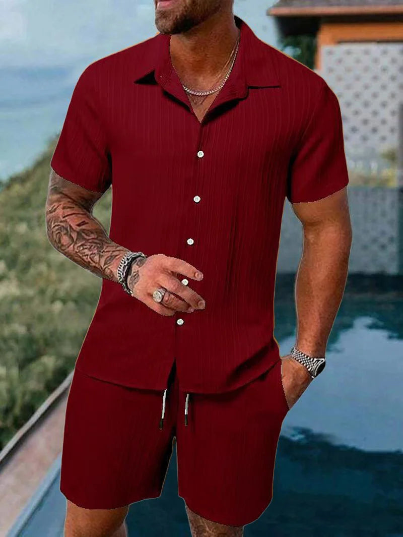 Men's Beach Suit, Striped and Solid Color Short Sleeve Shirt with Shorts, Sports Casual, Breathable, Lightweight, High-Quality Men's Wear.