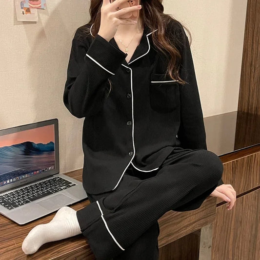 Spring And Autumn Women's Long Sleeve Pajamas Homewear Set Girls Korean Simple Casual Wind Cardigan Homewear Long Sleeve