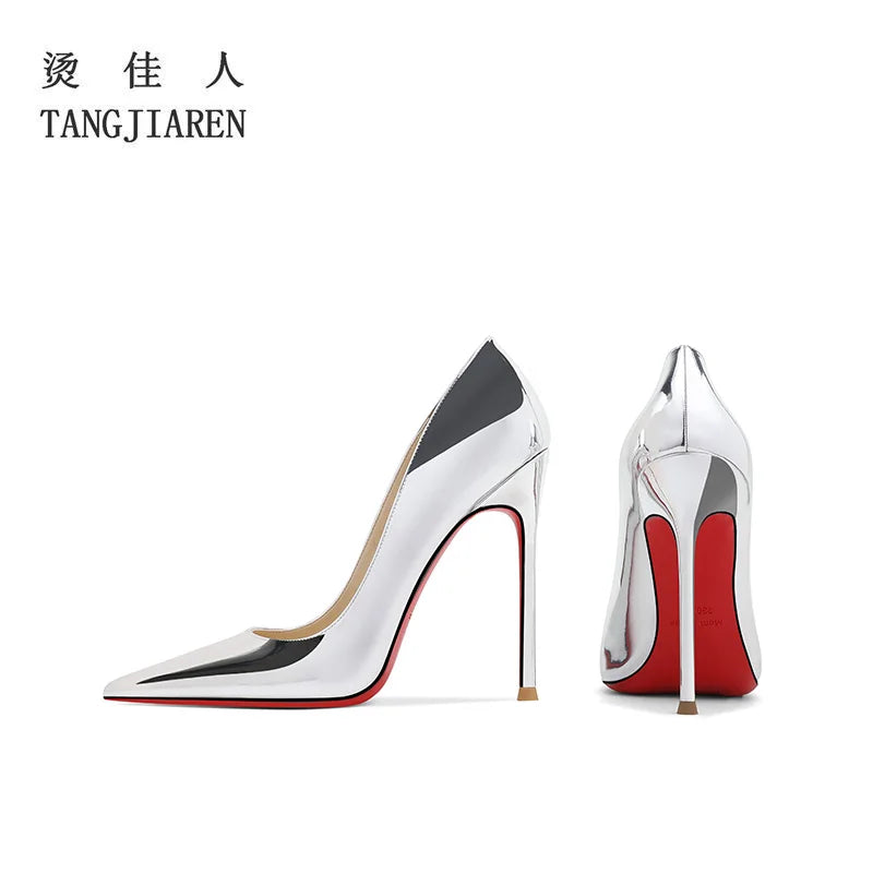 Lacquer leather wine red high heels, women's thin heels, sexy shallow mouth, large size, spring and autumn new pointed toe