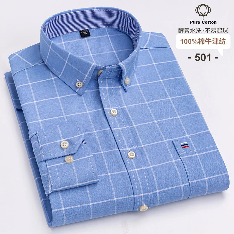 100% Cotton Oxford Men's Shirts Long Sleeves Plaid Soft Regular Fit Formal Dress