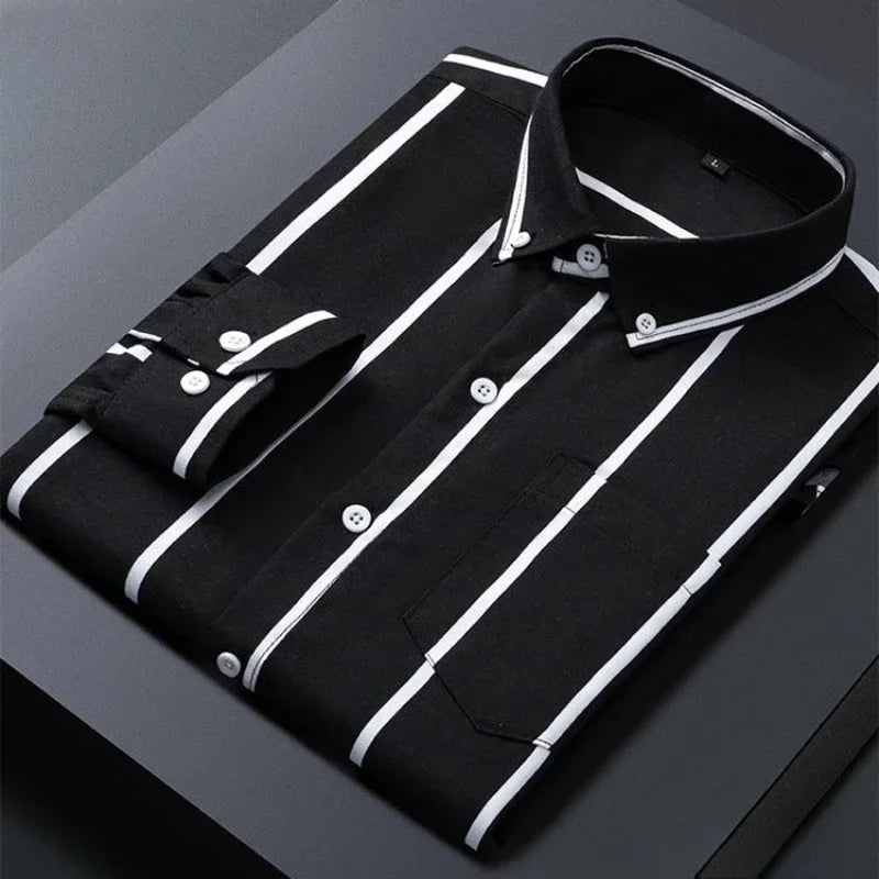 Men's Striped Shirts Formale Casual Printed Plaid Shirt Long Sleeve Slim Fit Botton Down Male Office Business Dress Shirt