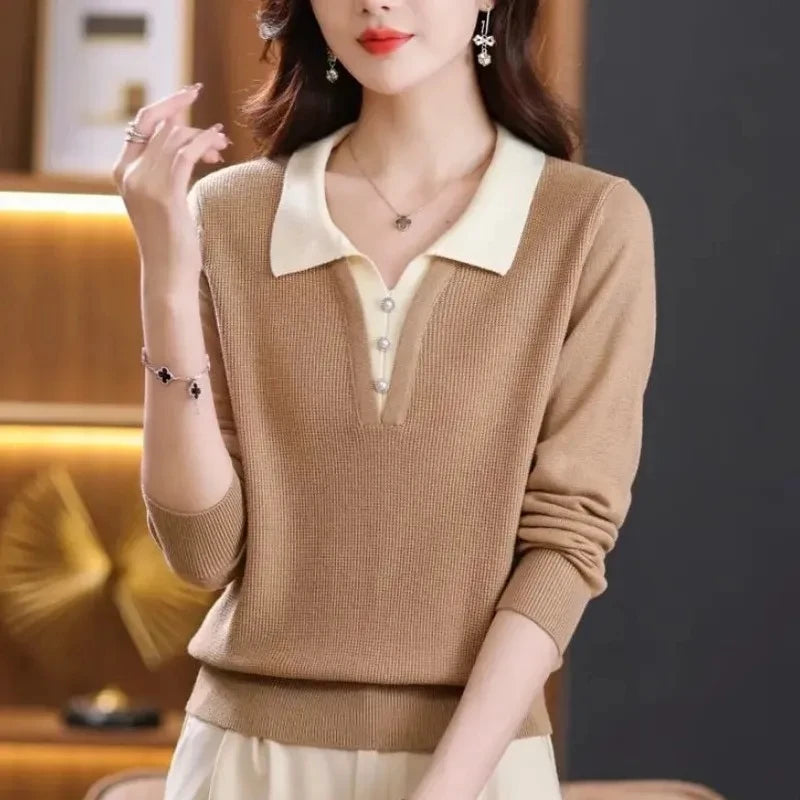 Sweater Women Pullover All-Match Turn-Down Collar Color Blocking Fake Two Pieces Sweater Knitted Female