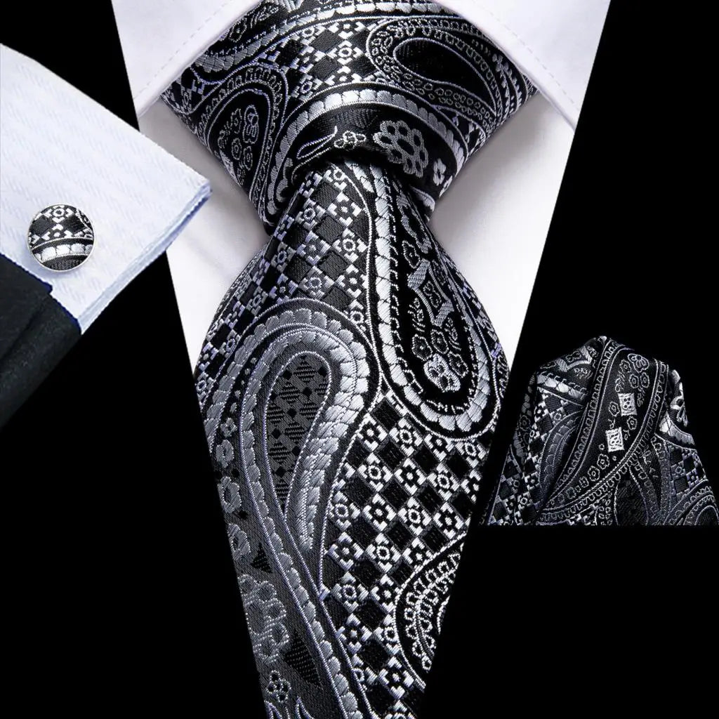 Hi-Tie Black Floral Silk Wedding Tie For Men Handky Cufflink Elegant Necktie For Men Fashion Designer Business Party Dropshiping