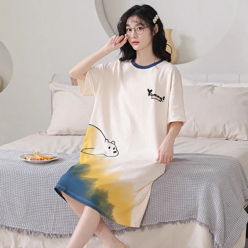 Women's  Cotton Sweet Short Sleeve Nightgown Sleep Dress Outerwear Home Clothes Dress