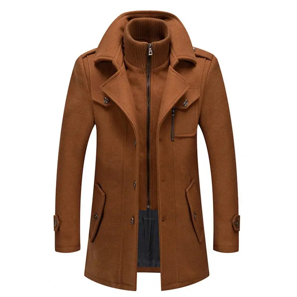 Stylish Coat Temperament Zipper Buttons Coat Solid Color Autumn Winter Men Jacket for Business