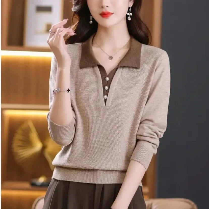 Sweater Women Pullover All-Match Turn-Down Collar Color Blocking Fake Two Pieces Sweater Knitted Female