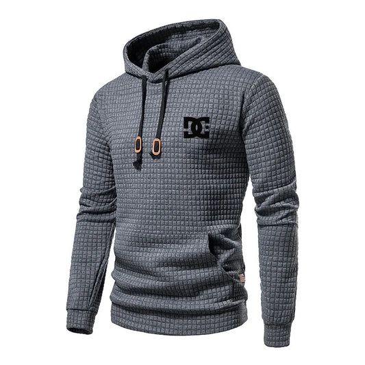 New Autumn And Winter European Men's DC Letter Printed Casual Large Pocket Hoodie Pullover Small Grid Jacquard