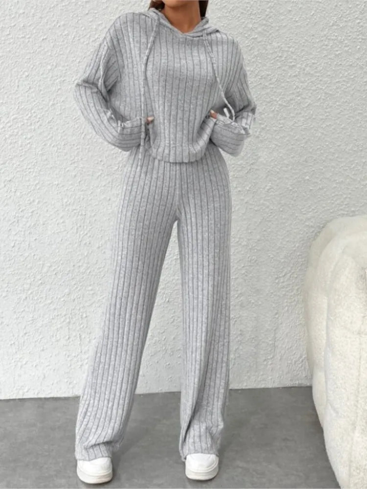 Autumn Winter Knit Long-sleeved Hoodie Loose Pants Two-piece Women's Casual Pit Strap Lace-up Long-sleeved Wide Leg Pant Suits