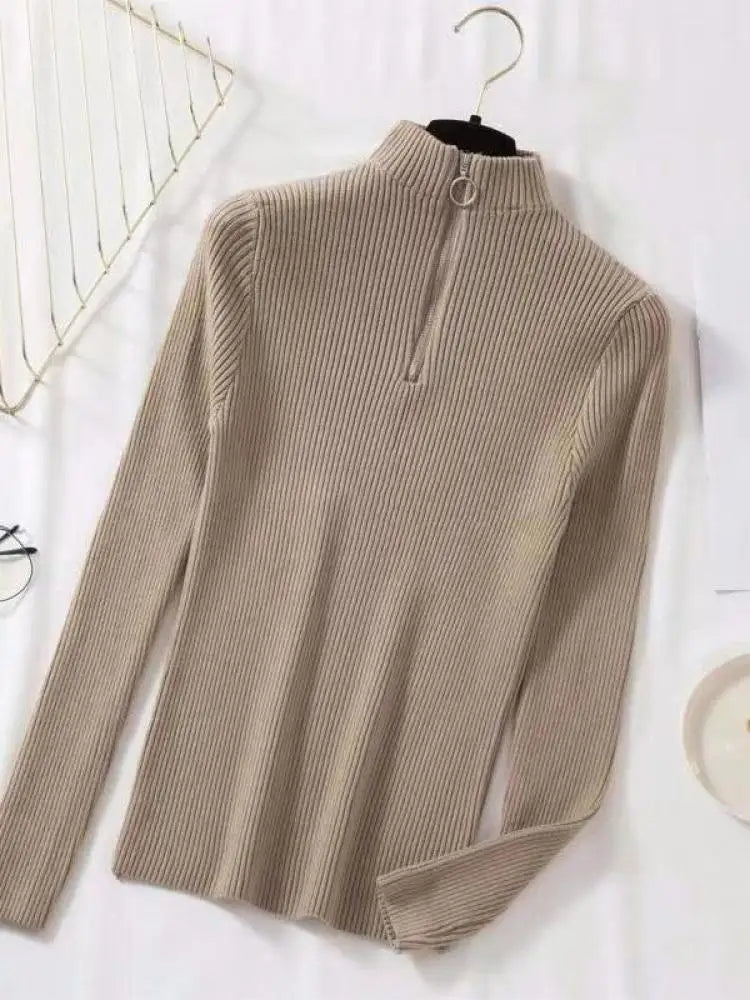 Women Fashion Solid Knitted Sweaters Vintage Long Sleeve Zip-up Basic Half Turtleneck Sweater Female Pullovers Chic Casual Tops