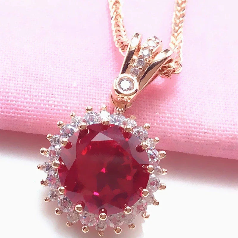 Ruby Flower Jewellery Sets Plated with 14K Rose Gold Luxury Crystal Wedding Dinner Gift Ring Necklace Earrings for Women