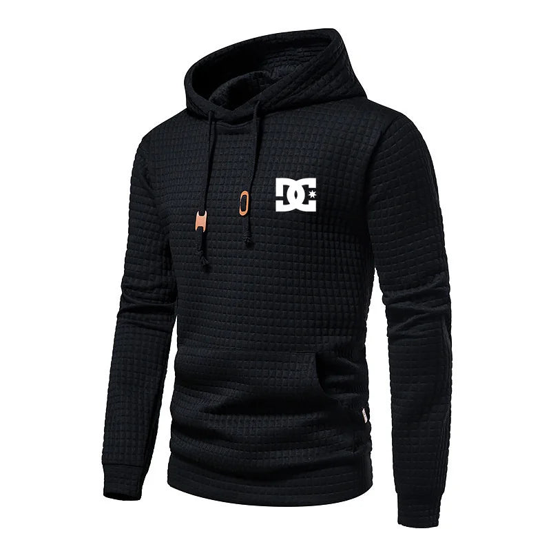 New Autumn And Winter European Men's DC Letter Printed Casual Large Pocket Hoodie Pullover Small Grid Jacquard