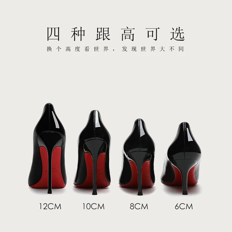 Lacquer leather wine red high heels, women's thin heels, sexy shallow mouth, large size, spring and autumn new pointed toe