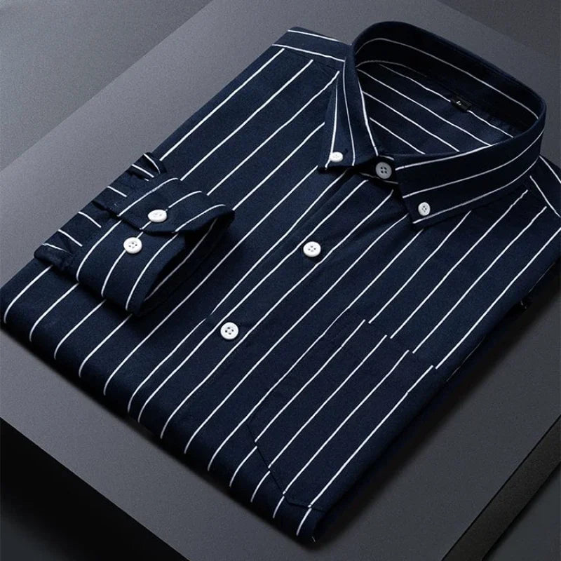 Men's Striped Shirts Formale Casual Printed Plaid Shirt Long Sleeve Slim Fit Botton Down Male Office Business Dress Shirt