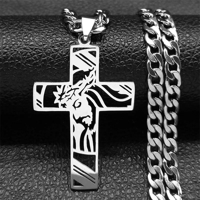 Hip Hop Punk Crown of Thorns Jesus Cross Necklace for Men Stainless Steel Gold Plated Crucifix Pendant Necklaces Jewellery